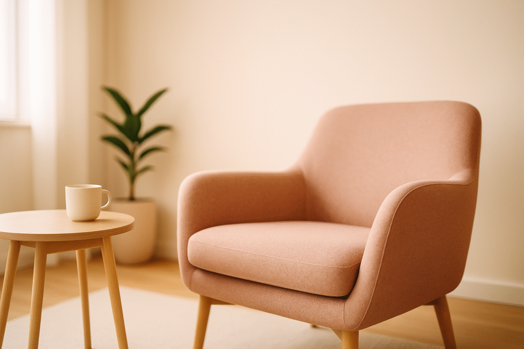 Gabinet psychoterapii w minimalistycznym stylu z jasnym, naturalnym oświetleniem.