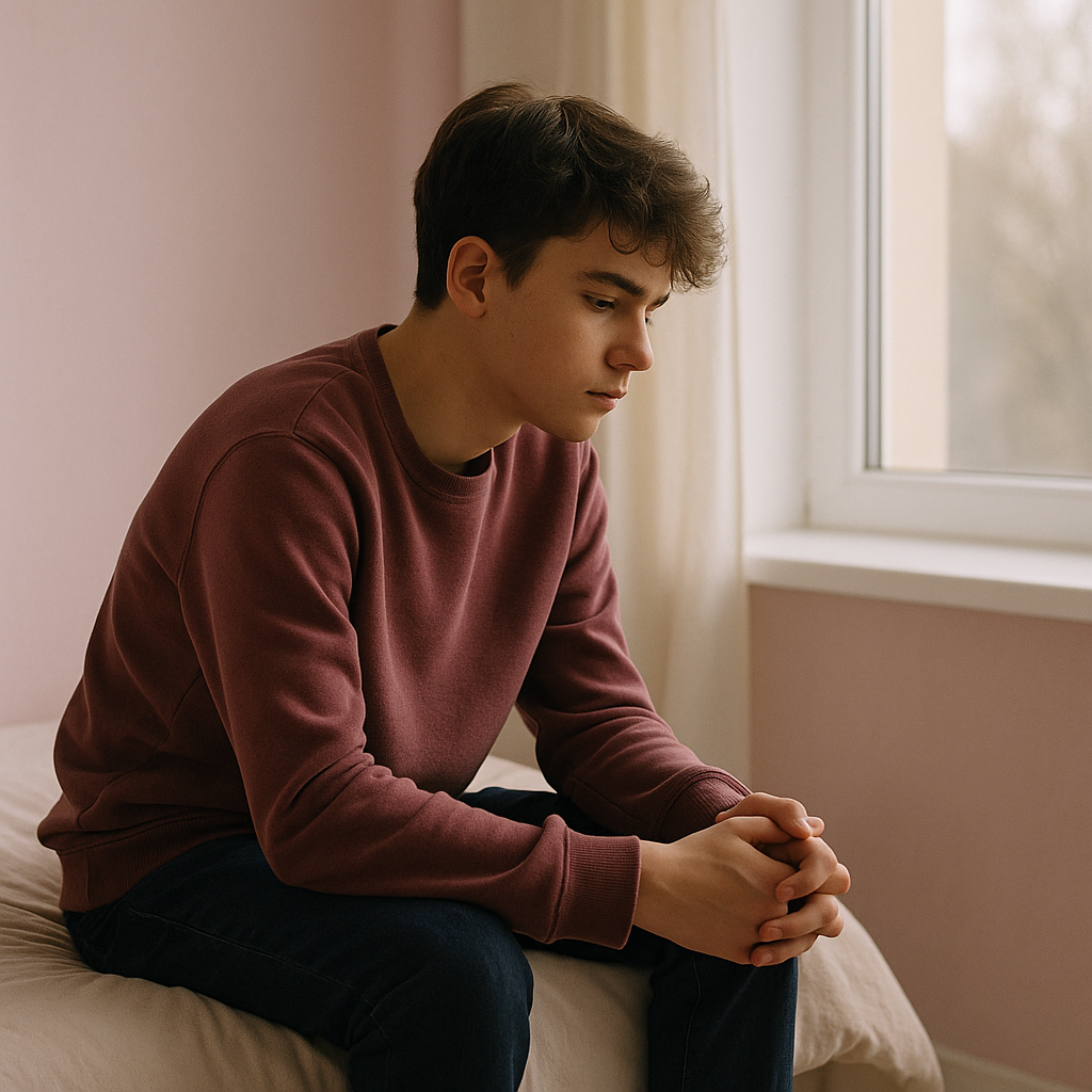 Zamknięty w sobie nastolatek siedzący na łóżku